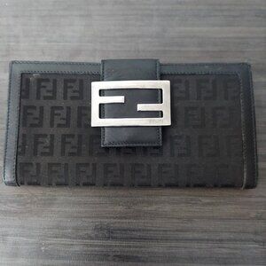 Authentic FENDI Zucchino Long Canvas Wallet FF Monogram Black + Silver Hardware